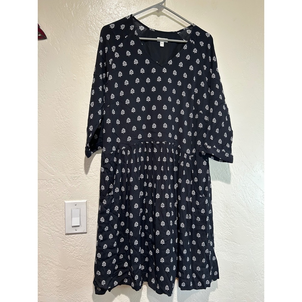 Garnet Hill Black White Block Print Drop Waist V-Neck Dress 3/4 Sleeve‎ Size 10
